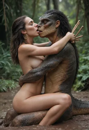(realistic:1.5), beautiful sexy Mexican girl in Mayan jewelry dirty with mud on the jungle ground, The dirty girl sits on the lap of the lizardman, They hug and caress each other, The lizardman sticks its tongue into her mouth, sitting sex, (girl on lizardman in sitting sex while caressing and kissing), exposed breasts, slender body, messy wavy black hair, (large natural breasts), puffy nipples, hairy bush, (in the jungle), side view