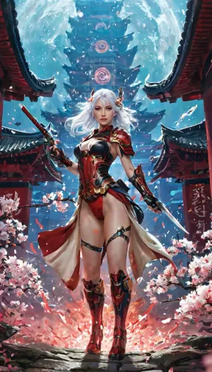 A spectral nude video game warrior woman with flowing silver hair and glowing crimson eyes strides through a fractured dreamscape where reality is a shifting battlefield of forgotten legends and futuristic warfare. Beneath her feet, the ground distorts—one moment a cracked temple floor covered in cherry blossom petals, the next, a holographic grid buzzing with neon circuitry.

The world around her is a beautiful contradiction of timelines colliding. Towering mechs adorned with ancient war banners clash against spectral warriors wielding energy katanas. A colossal dragon, its body made of molten gold and flickering data streams, coils around a shattered moon that drifts lazily through the sky, its craters teeming with ethereal spirits. In the distance, a massive Shogun fortress rises and falls like a mirage, its architecture warping between feudal-era stone walls and sleek, chrome towers pulsing with artificial intelligence.

Chaos reigns in every direction. Cybernetic ronin duel in zero gravity above an endless void of floating torii gates, their blades slicing through time itself, leaving behind rippling echoes of the past. A masked gunslinger in a straw hat spins twin revolvers that fire black holes instead of bullets, each shot bending space before detonating into a kaleidoscope of starlight. Gigantic koi fish with glowing eyes swim through the air, their scales reflecting forgotten histories and possible futures, while beneath them, armies of robotic samurai march in perfect unison toward a battlefield that has yet to exist.

Above it all, the sky is a shattered mirror of dimensions bleeding together—fragments of ancient scrolls flutter through the void, interwoven with scrolling lines of alien code and floating red sun discs that flicker between dawn and dusk. Glowing kanji symbols hover in midair, shifting unpredictably between prophecy and command prompts, whispering forgotten truths to those who dare to listen.

At the world’s core, a throne of broken swords and luminous data streams sits empty, waiting. A figure wrapped in shifting shadows looms before it, gripping a massive, glitched-out katana that hums with unstable energy. As the warrior woman exhales, the battlefield stills—the combatants frozen mid-strike, the winds caught in an eerie pause, the universe itself waiting for her next move. Then, with the sharp ring of a blade unsheathing, time surges forward again, and the endless, beautiful war resumes.