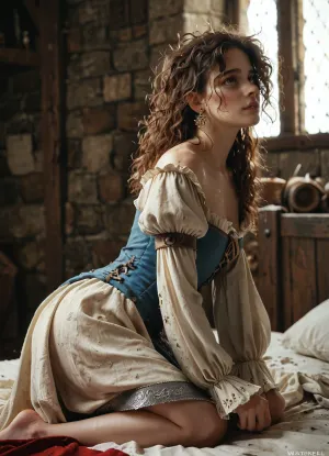 Medieval dress, on her knees, on a bed, in a dungeon, side view, messy hair, after sex