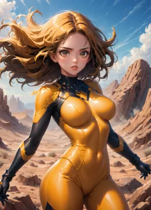 score_9, score_8, 1girl, solo, superhero, breasts, large_breasts, black_hair, brown_eyes, bodysuit, long_hair, looking_at_viewer, parted_lips, sky, blue_sky, floating_hair, lips, black_and_yellow_bodysuit, day, medium_breasts, outdoors, teeth, motion_blur, desert, cowboy shot, black_gloves