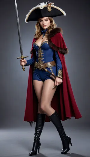 1 girl, solo, musketeer hat with feathers, musketeer cloak, thigh boots, tights, naked, 20 years old, studio shooting, dynamically posing with a richly decorated sword, full length