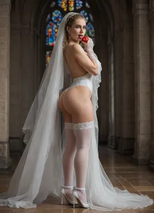 African Woman, black skin bride, (huge tits:1.3), 29 years old, 4K hyper realistic photo, (frontside view:1.3), transparent figure-hugging tight silk wedding dress with deep cleavage, lace wedding veil blue bow wedding garter, white garter belt fish net stockings, long white lace gloves, perfect hourglass figure, athletic and muscular body, narrow waist, stunning beautiful face, little black makeup, perfect smokey eyes, laughing uproariously, eyes are open, eye pupils are visible, nipple piercing, belly button piercing, perfect rounded apple sized large muscular ass, muscular thighs, landing strip trimmed shaved public hair, tattoo, golden jewelry, (ass licker pov:1.3), full body shot, blonde hair, dutch braid, background church altar and church window, groom in bondage gear knees beside the bride