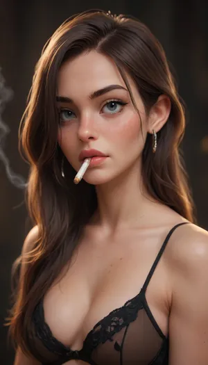 1girl, cigarette, solo, long hair, hair over one eye, mouth hold, jewelry, smoking, earrings, mole under eye, perfect eyes, lips, mole, freckles, flame, dark background, black bra strap, see-through, upper body, <lora:guastary2:.9>, <lora:Samaritan 3d Cartoon SDXL:.5>