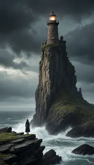Ancient, weather-beaten lighthouse standing on desolate cliffs in a fantasy post-apocalyptic world. The structure is half-ruined, with vines and moss clinging to its cracked stone surface. Jagged rocky outcrops surround the base, partially submerged in dark, storm-tossed waters.

A mysterious cloaked figure of a witch stands atop a distant cliff, her silhouette outlined against the ominous sky. Heavy rain falls across the landscape, merging with thick mist that clings to the rocks. The atmosphere is one of eerie solitude and ancient magic, with faint lightning illuminating the horizon.

The scene combines elements of dark fantasy and post-apocalyptic desolation, creating a mood of mystery and foreboding. Every surface shows signs of decay and age, with realistic textures of wet stone and decaying masonry. The lighting emphasizes the dramatic tension between darkness and the faint glow of the lighthouse remains.