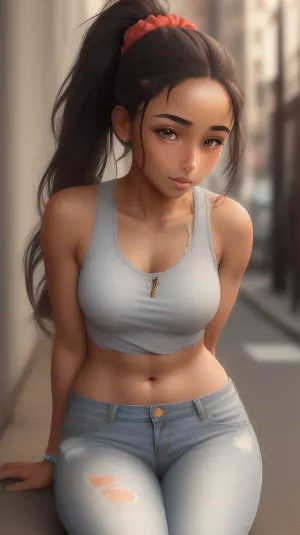 young Black girl with a medium-dark skin tone and medium-length, hair in a high ponytail with a red scrunchie. She wears a gray tank top with a colorful graphic that reads "GIVE A LITTLE LOVE" and unzipped blue jeans with, (torn crotch:1.2), . She stands on a narrow, urban street lined with brick buildings and parked cars. The background is slightly blurred, emphasizing her serious expression and natural beauty, ((submissive)), ((lovely)), (((in very sexual erotic pose))), wild short sport ponytail, full body, ((very much want have sex)), ((high detailed pores on skin)), well-build body, medium tits, small lips, lots of freckles face and skin, blush on the checks and nose, (raised nasal tip, upturned button nose, upturned nose, delicate nose, nose), hypnotized loving grey eyes, brown wild wet hair with sidelocks, very sexy smile, ., torn, fly, down, at, _______, <lora:tornclothesv6-8:1.2>
