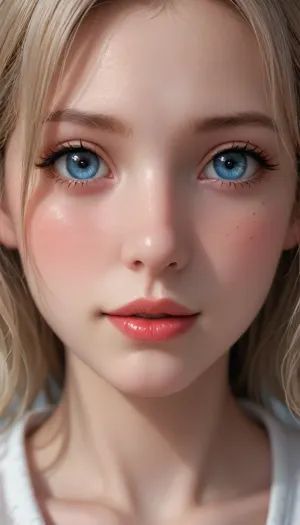 Female Eye, macro photography, detailed drawing, Bright blue color, Close-up of the eye, only the eye in the photo, The galaxy in the iris of the eye, Detailed skin, light makeup, red plump lips, A slight smile