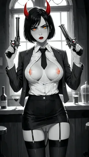 anime, (1girl), (a gorgeous 25 year old white succubus with, demonic wings on back, horns, tail:1.2), (in the style of Frank Miller's Sin City, high contrast shading:1.4), (black and white photography, desaturated color, monochrome, black and white:1.3), inside bar, (holding a glass of bourbon in one hand), (holding a revolver in her other hand:1.2), (intimidating pose), (unbuttoned shirt revealing breasts, unbuttoned black pinstripe blazer with pencil skirt and black stockings:1.2), (black tie), natural b cup breasts, perfect nipples, (nipslip:1.2), candid upskirt view, pussy, (succubus has long black hair bob haircut), (wide open orange eyes), black and white oxford shoes, (red lips:1.2), slim, athletic, gymnast body, Suspicious look, mysterious, <lora:add_details_xl:.5>, <lora:Animated_Concept:1>
