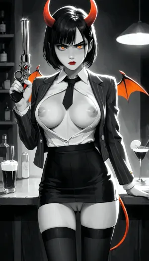 anime, (1girl), (a gorgeous 25 year old white succubus with, demonic wings on back, horns, tail:1.2), (in the style of Frank Miller's Sin City, high contrast shading:1.4), (black and white photography, desaturated color, monochrome, black and white:1.3), inside bar, (holding a glass of bourbon in one hand), (holding a revolver in her other hand:1.2), (intimidating pose), (unbuttoned shirt revealing breasts, unbuttoned black pinstripe blazer with pencil skirt and black stockings:1.2), (black tie), natural b cup breasts, perfect nipples, (nipslip:1.2), candid upskirt view, pussy, (succubus has long black hair bob haircut), (wide open orange eyes), black and white oxford shoes, (red lips:1.2), slim, athletic, gymnast body, Suspicious look, mysterious, <lora:add_details_xl:.5>, <lora:Animated_Concept:1>