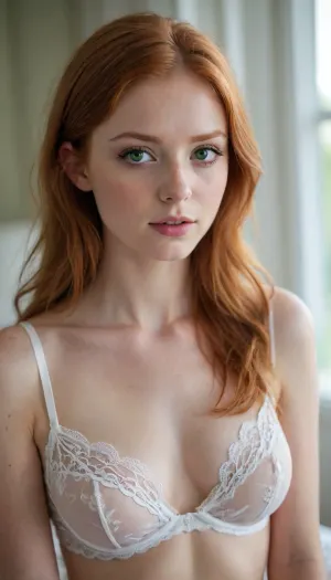 slim sexy redhead girl 18 years old, bright green eyes, sexy lace silk white transparent lingerie, shirtspread