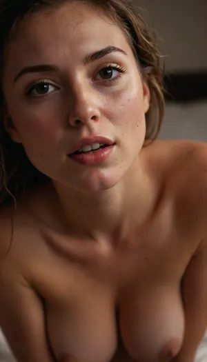 masterpiece, best quality, highly detailed, score_9, score_8_up, score_7_up, score_6_up, source_cartoon, (incase style:.6), BREAK, 1girl, close-up, bedroom, dim lighting, girl pinching nipples, large natural breasts, slightly exposed, wet skin, flushed cheeks, messy hair, sensual expression, biting lip, detailed textures, raw emotion, explicit focus, no eye contact, erotic tension, intimate atmosphere. BREAK, dynamic light, warm_light, vibrant colors warm_colors, soft focus, high contrast, textured surfaces, depth of field, golden hour lighting, dramatic shadows, rich details, nature-inspired color palette, playful composition., dynamic angle, background, ((submissive)), ((lovely)), (((in very sexual erotic pose))), wild short sport ponytail, full body, ((very much want have sex)), ((high detailed pores on skin)), well-build body, medium tits, small lips, lots of freckles face and skin, blush on the checks and nose, (raised nasal tip, upturned button nose, upturned nose, delicate nose, nose), hypnotized loving grey eyes, brown wild wet hair with sidelocks, very sexy smile