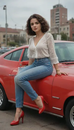Very beautiful girl, bright brunette, vintage hairstyle, white blouse, jeans, full-length, red high-heeled shoes, sitting on the hood of a yellow retro car, pin-up style, oil painting, drawing, maximum detail, bright