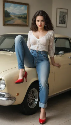 (Showing pussy), Very beautiful girl, bright brunette, vintage hairstyle, white blouse, jeans, full-length, red high-heeled shoes, sitting on the hood of a yellow retro car, pin-up style, oil painting, drawing, maximum detail, bright