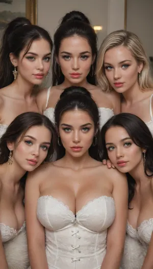 professional photo. luxury dark style, huge beautiful shiny bottomless blue eyes, huge fluffy eyelashes, arrows, smoky eyes, giant heavy bust, luxurious straight black hair gathered back in a high long ponytail, earrings, bimbo, white corset, night in a luxurious bedroom, sitting, passion, wet red plump lips, posing close-up very close, stunning eyes