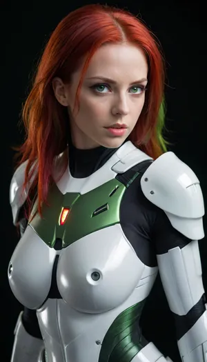 head to toe image of an hot sexy android girl full white plastic body armor with green and red long waivy hair shaved on 1 side, seen from the 3/4 side, luminescent shiny Bright Green eyes, Black background, d-cups tits, <lora:220437_training_data:.5>, <lora:Venus_Body_Alpha:.5>