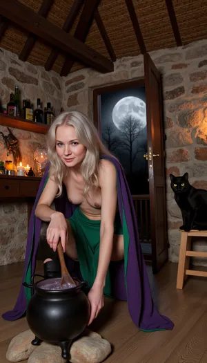 A Renaissance topless witch, cloaked in a tattered garment of deep purple and green, hunched over a bubbling cauldron. Her long, silver hair falls in wild strands around her aged yet powerful face, illuminated by the flickering flames of the hearth. The witch's gnarled hands are busy as they stir a murky potion with a wooden spoon, the concoction releasing swirls of colorful smoke that rise to the shadowy rafters of her thatched-roof cottage. The room is filled with an array of peculiar artifacts and bottled ingredients, with the light from the candle-lit shelves casting eerie shadows on the stone walls. A black cat with piercing yellow eyes sits perched on a wooden stool, watching the brewing process intently. In the background, a large crystal ball emits a soft glow, hinting at the witch's prophetic abilities. Through the open door, a full moon can be seen, casting a silvery beam across the floorboards and adding a mystical aura to the already enigmatic scene. The overall atmosphere is one of ancient wisdom, secrecy, and the supernatural, encapsulating the essence of a time when the line between science and sorcery was blurred., sideboob, with, balloons, in, their, shirt, her, <lora:FluxSideboob:1>, <lora:balloonboobs2-000009:.9>