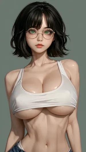 1girl, pretty girl, green eyes, black bangs, round glasses, wearing a white tank top, underboob, big cleavage, big tits, ratatatat74, <lora:ratatatat74-000050:1.7>, <lora:ishikeiXL:.9>