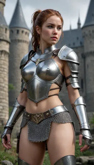 1girl, best quality, ultra-detailed, masterpiece, finely detail, highres, 8k wallpaper, sexy heavily armored asian knight with massive tits and a slim waist plus thick thighs, elegant posture, dynamic pose, dynamic angle, dark fantasy, rembrant lighting, highly detailed castle overgrown with vegitation in the background, a confident plus dominant aura and demeanor, athletic body with tight abs and toned muscles, heavy weighty metal armor thats worn from battle, belts and straps, metal armor plating, metal breastplate, large metal gauntlets, large metal pauldrons, midevil knight with heavy armor, bulky thick armor, crying, tears on cheeks, water droplets on breasts, sweaty skin, dimly light, soft gentle lighting, overgrown stone ruins, chain accessories, extremely detailed face with a strong jawline plus defined cheek bones plus freckles and beauty marks, stunningly beautiful face with a intoxicatingly seductive and aroused expression, radiating powerful sexual energy, overcast and rainy, cute nubile 18 year old girl, cute tight ass, thick heavy metal tassets, big bow in ponytail, playing with hair, hands on hips, arms crossed, chainmail, chainmail skirt, chainmail mini skirt