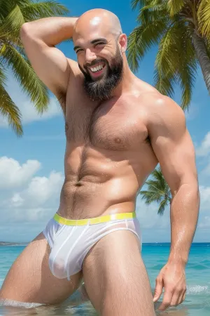 masterpiece, best quality, photo, photorealistic, highest detail, perfect photographic detail, 1man, skinny, laughing, black beard, bald head, hairy body, arms up, (hands:.5), legs spread, kneeling at the beach waterline, water splashing, beach, clear blue sky, direct sun light from the right, palm trees, water showering from above, white transparent no-brand speedos, groping, huge vpl, focus on bulge, perfectly human face, seamlessly blended face, <lora:wetv10:.5>