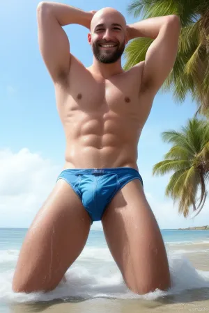 masterpiece, best quality, photo, photorealistic, highest detail, perfect photographic detail, 1man, skinny, short beard, bald head, hairy body, arms up, legs spread, smiling at camera, big blue open eyes, kneeling at the beach waterline, water splashing, beach, clear blue sky, direct sun light from the right, palm trees, water showering from above, white transparent no-brand speedos, groping, huge vpl, focus on bulge, <lora:hardvpl:1.3>, FlannelDaddy, <lora:FlannelDaddy:.5>