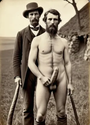 Albumen Print, Stocky hairy Welsh settler in 1860 posing fully naked showing his enormous cock. Rare photo is not the best condition. Vintage photo was taken by a field view camera., <lora:Albumen Print:1>, long uncut penis, <lora:xpenis-1.5e:.7>, Next to him his fully dressed old father wearing a black suit.