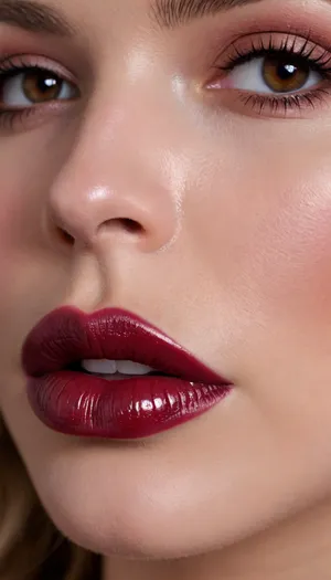 Huge juicy silicone female bimbo lips, high gloss burgundy lipstick, extremely closeup, Extremely detailed