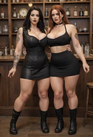 Two muscle mommy goth women, both women are voluptuous and tall, realistic masterpiece, (pinup style, tall, curvy women, long straight hair), tattoos, ((full body in frame:1.1)), textured skin, standing in steampunk bar, facing camera, 30 years old, beautiful, seductive, wide hips, busty, very thick thighs, (((wearing goth clothes with high waisted skirt with chunky steampunk boots))), (perfect hands:1.2), high quality, colorful clothing, plus sized models, proportional legs, proportional feet, <lora:DonaughtX2Lora-000105:.5>