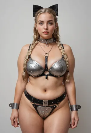 realistic photography, chubby girl 40 year old prostitute, Blonde Straight braids hair with fringes and hair bow, cup F, 105F breasts. steel collar. hoop earrings, perfect face, masterpiece, detailed eyes, beautiful hair, vintage hairstyle, hourglass figure, narrow waist, solo, long hair, jewelry, earrings, necklace, harness, bondage outfit, chained thighs, metal bra, metal chastity belt, (metal thighcuffs), metalbondage, plump, skindentation, hickey