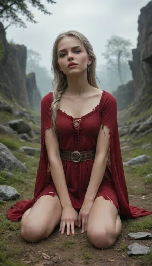 A hauntingly beautiful scene unfolds on a desolate battlefield bathed in the soft glow of dawn. At the center sits a young woman, her long silver hair cascading down like a river of moonlight, each strand meticulously rendered with perfect detail. The strands catch the early morning light, creating an ethereal contrast against the grim setting surrounding her. Her delicate fingers, stained crimson, rest gently on her knees as she sits amidst the chaos of war.

Her features are exquisitely detailed, high cheekbones, softly arched eyebrows, and lips slightly parted in what appears to be silent contemplation or sorrow. Every pore of her skin is visible, showing both the texture of youth and the grime of battle. Blood, realistically painted with careful attention to viscosity and color variation, clings to her pale skin and tattered medieval gown. The fabric of her dress, once elegant, now torn and dirtied, displays intricate embroidery that hints at nobility or significance.

The battlefield stretches out around her, littered with fallen warriors. Each corpse is uniquely posed, capturing different moments of death, some still grasping their weapons, others with vacant eyes staring skyward. Broken swords, shattered shields, and discarded armor pieces scatter the ground, adding authenticity to the war-torn environment. Puddles of blood reflect the pale morning light, while wisps of fog drift lazily between the bodies, creating depth and atmosphere.

Dramatic lighting enhances the emotional impact, warm golden rays breaking through the misty horizon contrast sharply with the cool blues and greys of the background. Shadows fall across the landscape with perfect accuracy, emphasizing three-dimensional forms and adding realism. The composition draws immediate focus to the central figure, using leading lines formed by fallen soldiers and scattered debris.

Every element contributes to the overall mood, from the subtle play of light on dew-covered grass to the intricate textures of rusted metal and weathered leather. The air feels heavy with unspoken stories, each detail telling its own tale of loss and struggle. This isn't just a painting, it's an experience, inviting viewers to step into this tragic moment frozen in time. For optimal rendering, ultra-detailed photorealistic style, masterful use of light and shadow, meticulous attention to anatomy and proportions, expertly crafted textures, cinematic composition, atmospheric perspective, naturalistic color palette, dynamic range of emotions expressed through facial features and body language., Blood_Covered, <lora:Blood_Covered-step00001743:.4>
