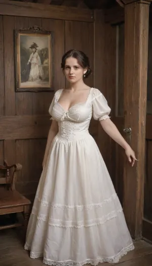 Victorian England, an old overgrown, unkempt park around a gloomy mansion, dusk, in a small clearing stands an old leaning wooden shack, the door to it is open, inside you can see a rough wooden bench and a rough wooden table, beautiful curvy milf, 45 year old, A confused look, novuschroma40, style, <lora:victoriansxl_v1:.5>, <lora:old_world:.5>, <lora:CBS_novuschroma40 style:.5>