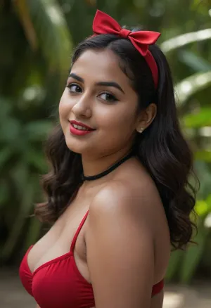 (girl 18 years old, indian, overweight, chubby face, fat, massive tits, curvy, full hips, brunette, dark brown skin), wearing a red bikini top and thong, slut, smilling, black choker, flirting, beautifull face, at a tropical island, dark purple lipstick, 8K resolution, big sexy ass, real lighting, black eyeliner, detailed eyes, short stature, youthful face, adorable, sensual pose, natural lighting, headband with a small bow, ass to the camera, looking back over the shoulder at the camera, ass is the centerfocus of photo, sunny, good weather