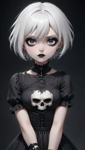 masterpiece, best quality, girl, solo, 29 years old, white hair, (very short hair:1.2), goth, gothic style, gothic make-up, black lipstick