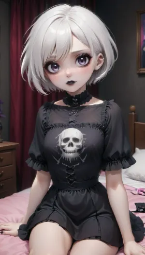 masterpiece, best quality, cute bedroom, pink bedroom, girl, solo, 18 years old, white hair, (very short hair:1.2), goth, gothic style, gothic make-up, black lipstick