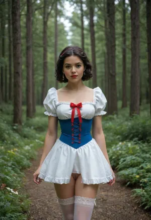 Snow White disney princess in wonderland forest background, walking in wonderful forest with fawn, showing open vagina pussy, Craft an image of a woman with luminescent blue eyes and black hair, clide in a blue-yellow leather bdsm style corset, snow white dress style, Red bow on the hair, silk stockings with support, with open sheved pussy, steampunk, rich in detail and frills, The setting is ethereal, with a backdrop fantasy forest with flowers and butterfles, that accentuates the ornate outfit. Ensure ultra-high-detail, photorealism, and crystal clear 32k resolution for a true masterpiece.