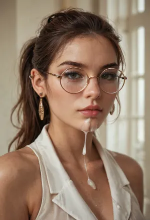 score_9, score_8_up, score_7_up, score_6_up, 1girl, glasses, solo, facial_cumshot, cum, realistic, jewelry, earrings, lips, brown_hair, looking_at_viewer, ponytail, nose, long_hair, sleeveless, upper_body, closed_mouth, round_eyewear, piercing, cum_on_glasses