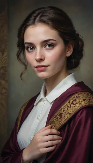 Before us is a portrait of a young woman with a mysterious smile. Her gaze seems both inquisitive and friendly, inviting to dialogue. In it, one can discern both light irony and hidden sadness.
The woman is dressed simply but elegantly. She is wearing a dark dress with a white collar, which emphasizes the slenderness of her figure. A cape made of expensive fabric is casually thrown over her shoulders, creating a feeling of lightness and ease. Her hands are folded in a barely noticeable gesture, which can mean both thoughtfulness and expectation.
The background of the painting is done in soft tones, creating a sense of depth and space. The dark walls of the room contrast with the light face and hair of the woman, giving the portrait depth and expressiveness.
This painting is a real masterpiece that amazes with its beauty and mastery of execution. It makes you think about eternal values ​​and the meaning of life, about the mystery of the human soul.