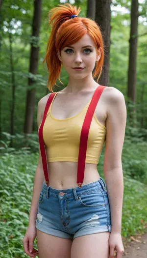 20 year old woman with short, bright orange hair, tied up in a side ponytail, light blue eyes. wears a yellow crop top with red suspenders, she is flashing her small sized boobs, paired with high-waisted denim shorts that are cut off at the thighs. red and white sneakers with white socks. Her overall style is sporty and casual.

Misty from Pokémon cosplay.

On a forest path.

She is opening her denim shorts and gives me a seductive look., misty, <lora:Misty:1.4>