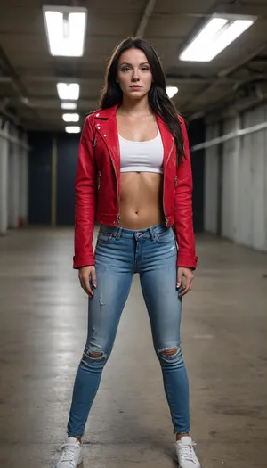 Women 21 years old with tanned fit body and 36c size silicone bust long black hair, in red jacket and white, (ripped), jeans, no bra, (((Freckles on Face))), (Freckles on Body), Tanned Skin, (Tan Lines), In the underground parking lot, dancing, (((Masterpiece, Best Quality, studio Lighting, super Realism, Cinematic Shot))), great, lighting, <lora:great_lighting:2>, <lora:add-detail-xl:1>, 2>