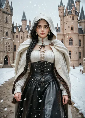 18 year old female, Spanish, brown eyes, thin, white skin, hood covering head, black fur cape, long leather skirt, black leather corset, white medieval blouse, very long braided black hair, medieval castle, snowing, walking along the battlements.