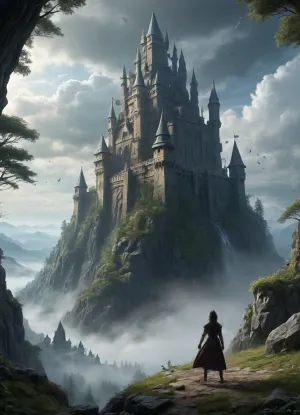 An impressive scene from the world of a fantasy computer game unfolds in front of me. In the center of the composition stands an ancient castle, whose towers look up to the sky, covered with eternal frost. Its walls, made of dark stone, reflect the ghostly light of the moon, which hangs high above the horizon, surrounded by mysterious clouds.

Below, at the foot of the castle, there is a dense forest kingdom, where the trees seem to be gigantic giants, their tops are lost in a misty haze. There are glowing paths between the trunks, along which ephemeral creatures glide-fireflies or, perhaps, small spirits of the forest. Here and there you can see the remains of ancient ruins, overgrown with moss and vines, which hints at the greatness of a long-forgotten civilization.

In the foreground is a warrior in massive armor that shimmers with silver and gold with every movement. Her hair, the color of ripe copper, is spread over her shoulders, and in her hands she holds a huge two-handed sword, ready for battle. On her belt hang various amulets and symbols of power, each of which tells its own story.

A mysterious figure hovers over the heroine's head – a magical familiar in the form of a glowing bird, whose wings are made of pure light. His eyes are like two miniature suns, carefully observing the world around them, ready to warn the mistress of any danger. There is a sense of impending battle in the air, the tension is felt even in the lightest breeze.

In the distance, behind the forest, you can see a mountain range, the tops of which are buried in clouds. From there comes a dull rumble, which can be either a natural phenomenon-the awakening of a volcano, or a sign that the ancient forces are awakening after a long sleep. Everything around is permeated with magic, every detail suggests that this world is alive, breathing and full of secrets waiting to be revealed, SamDoesArt2