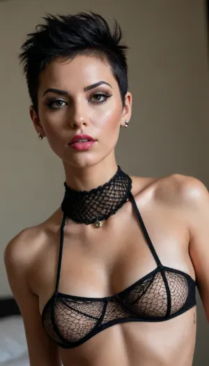 female wearing black fishnet, chocker, beautiful makeup, showing pussy, no panties, no shirt, medium boobs, oily body, black hair, mohawk haircut, beautiful face, natural lighting