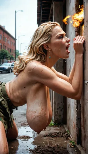 young blonde skinny girl is at war and is lying on the dirty ground, screaming and crying very loudly, (big beautiful natural saggy hanging breasts out:1.5), torn uniform, in the background buildings are exploding, the city is burning, breast sway, hip sway from side to side, anatomically correct, detailxl, dramatic, 4rt_0f_w4r, Explosion, Artstyle, sagging, breasts, <lora:ArtOfWar-xl1024-v1a-0__4rt_0f_w4r:.5>, <lora:SDXLHighDetail_v5:.5>, <lora:Explosion Artstyle - Trigger is Explosion Artstyle:.5>, <lora:sagging-000015:.5>, <lora:SDXL_Epic_Battles:.5>