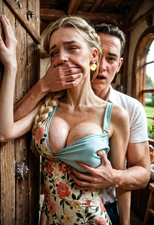 ((An insanely hot very busty innocent-looking blonde housewife standing against the wall in a cottage kitchen)), ((very large boobs)), blonde braided hair, pearl earrings, ((extremely skinny)), very tight floral casual summer dress, one breast falling out, cleavage, ((man's hand is covering her mouth+groping her exposed breast+pinning her against the wall)), (grabbing her mouth), ((extremely sad facial expression)), ((panicking)), (looking at man with fear+annoyance), perfect hands, perfect fingers, perfect anatomy, realistic skin, skin pores freckles moles blemishes wrinkles