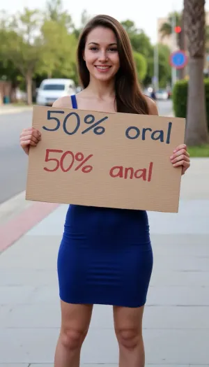 A 30 year old, (slim slender), brown hair, sexy blue tight dress, on street, smiling, full body, With a sign printed in large letters "50% oral 50% anal"