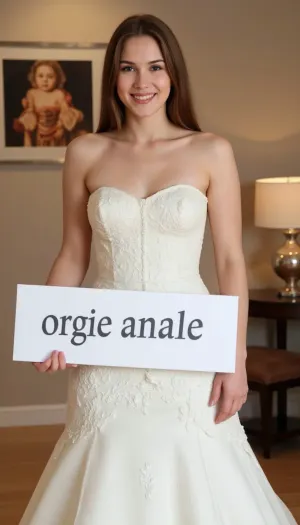 A 30 year old, (slim slender), brown hair, bride in wedding dress, smiling, full body, With a sign printed in large letters "orgie anale"