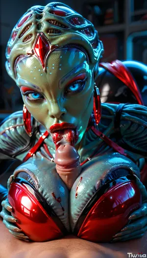 1 woman alien A 6m, close-up, ultrarealism, masterpiece, titsfuck, blowjob, 1 man, (alien woman:1.5), makeup, narrow waist, blue eyes, glowing eyes, look at viewer, earrings, (big lips), excited look, (glossy red lipstick:1.2), (mouth alien:1.4), (transparent salvia), tongue saliva, (blood), shiny skin, thin, huge breasts, (latex dress), high heels 45 cm shoes, wide hips, glowing vagina, (bent over), red glowing, blood, man lying, rear view, Cinematic light, best quality, mega detailed, mega quality, high detailed