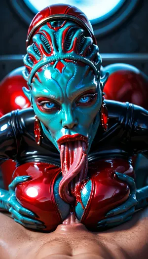 1 woman alien A 6m, close-up, ultrarealism, masterpiece, titsfuck, (blowjob), 1 man, (alien woman:1.5), makeup, narrow waist, blue eyes, glowing eyes, look at viewer, earrings, (big lips), excited look, (glossy red lipstick:1.2), (mouth alien:1.4), (transparent salvia), (long tongue), (blood), shiny skin, thin, huge breasts, (latex dress), high heels 45 cm shoes, wide hips, glowing vagina, (bent over), red glowing, blood, man lying, rear view, Cinematic light, best quality, mega detailed, mega quality, high detailed