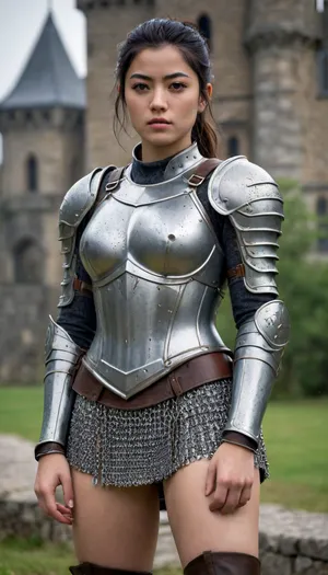 1girl, best quality, ultra-detailed, masterpiece, finely detail, highres, 8k wallpaper, sexy heavily armored asian knight with massive tits and a slim waist plus thick thighs, elegant posture, dynamic pose, dynamic angle, dark fantasy, rembrant lighting, highly detailed castle overgrown with vegitation in the background, a confident plus dominant aura and demeanor, athletic body with tight abs and toned muscles, heavy weighty metal armor thats worn from battle, belts and straps, metal armor plating, metal breastplate, large metal gauntlets, large metal pauldrons, midevil knight with heavy armor, bulky thick armor, crying, tears on cheeks, water droplets on breasts, sweaty skin, dimly light, soft gentle lighting, overgrown stone ruins, chain accessories, extremely detailed face with a strong jawline plus defined cheek bones plus freckles and beauty marks, stunningly beautiful face with a intoxicatingly seductive and aroused expression, radiating powerful sexual energy, overcast and rainy, cute nubile 18 year old girl, cute tight ass, thick heavy metal tassets, big bow in ponytail, playing with hair, hands on hips, arms crossed, chainmail, chainmail skirt, chainmail mini skirt, Rashmika, <lora:XLRash2:.5>