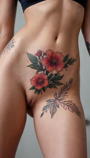 Closeup focus on woman's hip and thigh and abs, minimalist floral line tattoo that follows and accentuates the curves of her body.