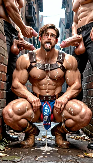Bukkake gay man, 45 years old beefy muscular man, short brown hair and beard, glasses, crouching on dirty alley, wearing chic suit, he is beeing humiliated by group of dirty homeless wearing worn old dirty clothes, with big cocks big balls, pants down, very agreesive, dirty ugly mens, humiliated slut, sucking huge cocks, balls, scared face, over cum in mouth anf face, in dirty alley, slut man humiliation, night, bukkake, cum, full body