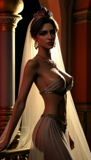 Side view photo, Tall Arabian Beautiful busty sexy Woman dancing, (doing the dance of bedspreads:1.4), (dance art:1.6), 20 years old, 34g cup chest, big massive bust with big detailed nipples, black beautiful eyes, naughty, wet sweaty skin, water drops on skin, ultra detailed skin texture, Joseph Christian Leyendecker, Ben Bauchau, Michael Garmash, Daniel F Gerhartz, Clint Cearley, Carne Griffiths, Jean Baptiste Monge, (wearing transparent bedspreads:1.5), bedspreads covered bodu, rich gypsy decored elements on body, warm dreamy lighting, (rich arabian palace harem on background:1.6), highly detailed, johan grenier, character design, ornate motifs, elegant organic framing, hyperrealism, posterized, masterpiece collection, TXAA, <lora:Dance_Art:.5>